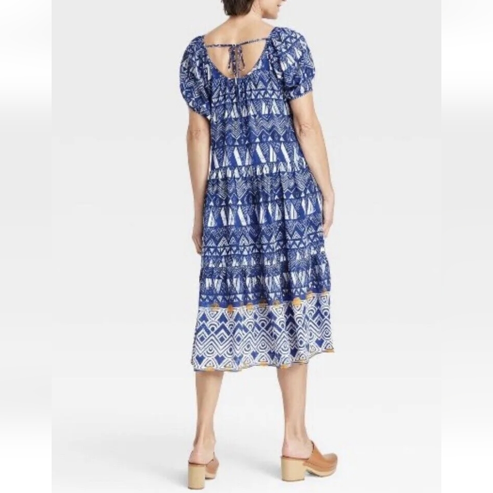 Knox Rose Puff Short Sleeve Tiered Dress Blue Paisley Beach Prairie Size L - Picture 6 of 10